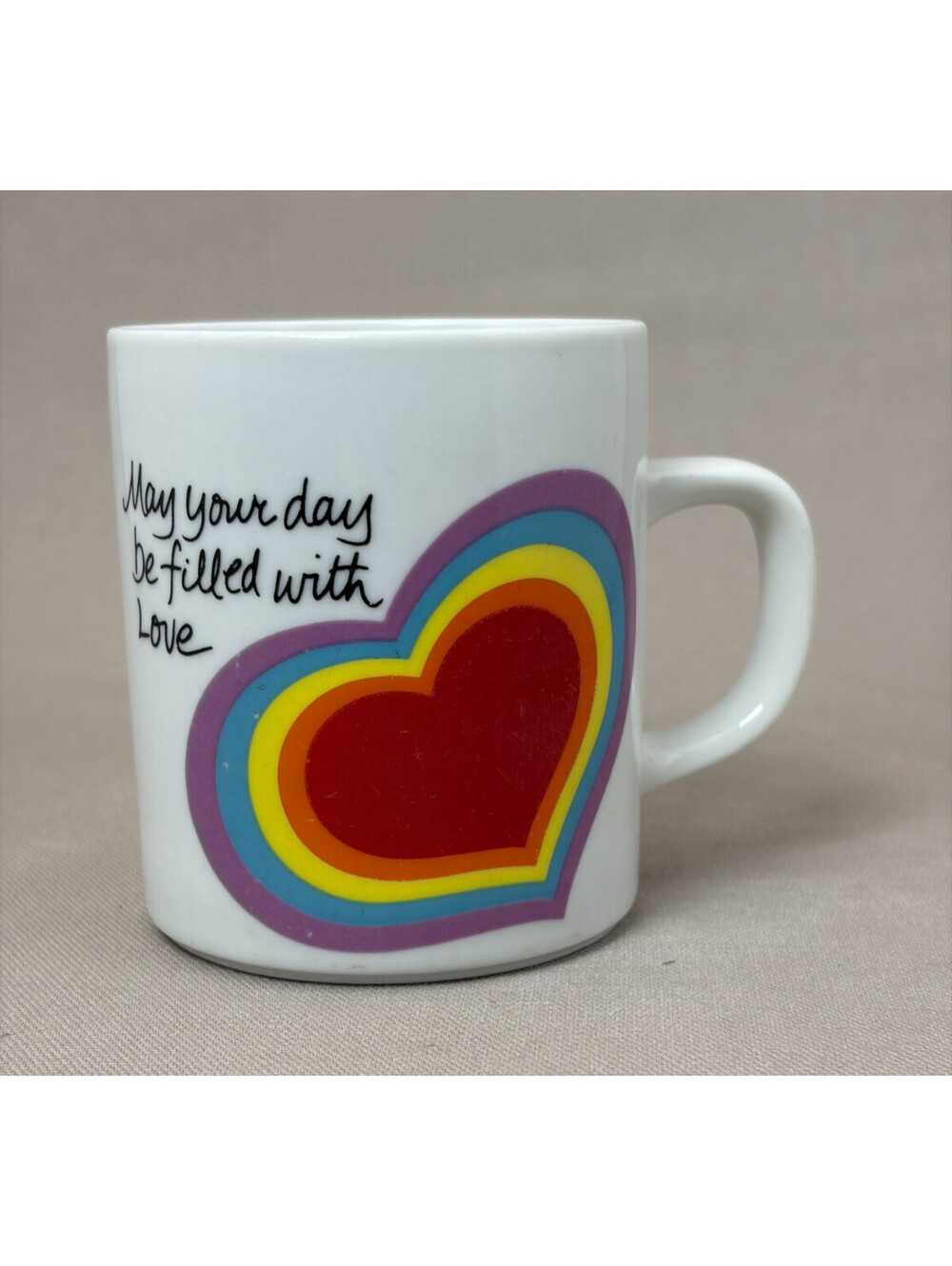 Vintage Avon The Love Mug Easter 1983 Rainbow Heart Coffee Cup 80s Ceramic 8 oz